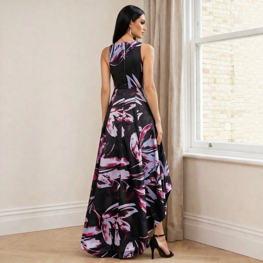 Adrianna Papell Floral High Low Dress Size 4 Black Pink Formal Evening Gown - Picture 2 of 12